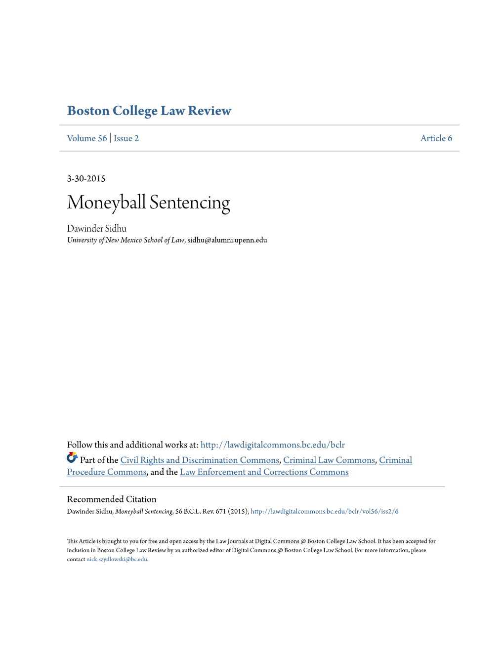 Moneyball Sentencing Dawinder Sidhu University of New Mexico School of Law, Sidhu@Alumni.Upenn.Edu