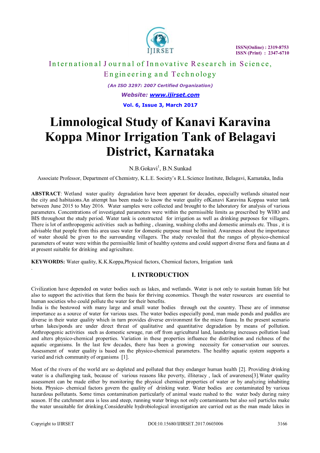 Limnological Study of Kanavi Karavina Koppa Minor Irrigation Tank of Belagavi District, Karnataka