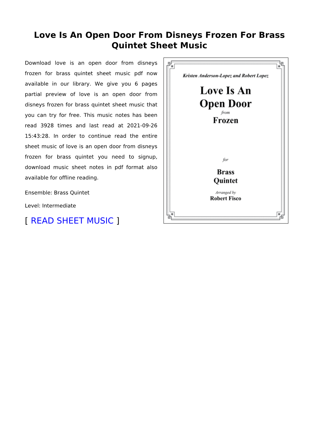 Love Is an Open Door from Disneys Frozen for Brass Quintet Sheet Music