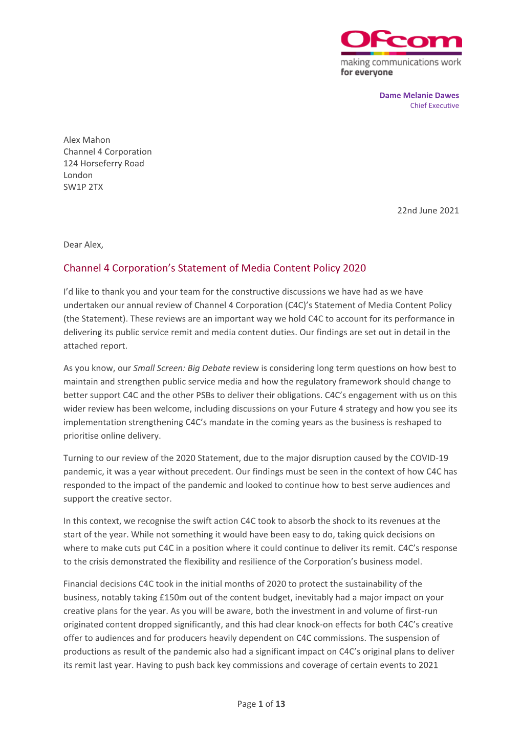 Channel 4 Corporation's Statement of Media Content Policy 2020