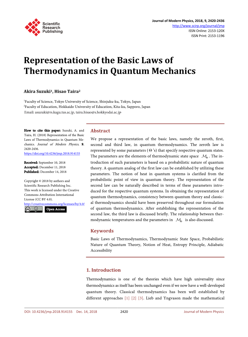 Representation of the Basic Laws of Thermodynamics in Quantum Mechanics