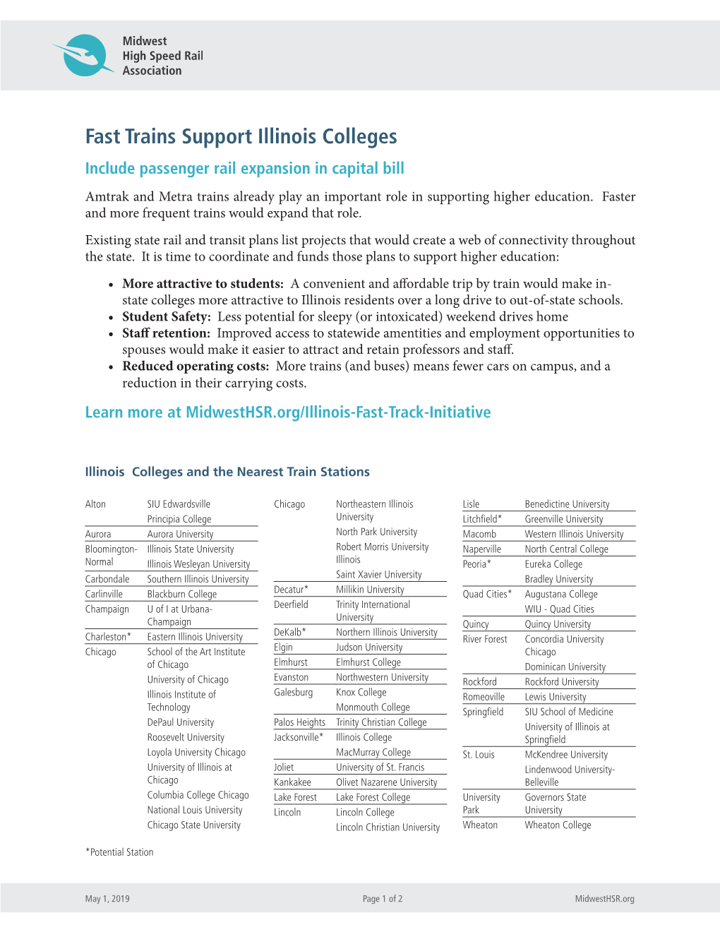 Fast Trains Support Illinois Colleges