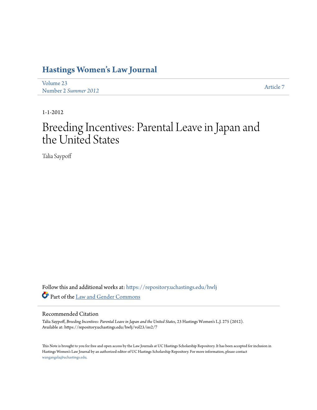 Parental Leave in Japan and the United States Talia Saypoff