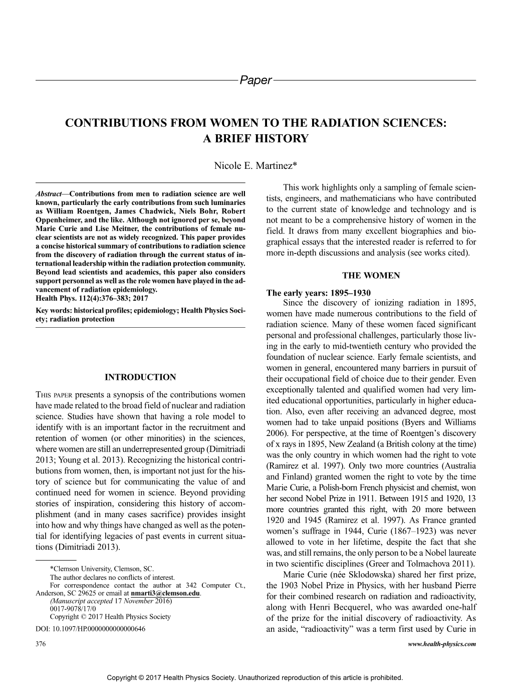 Paper CONTRIBUTIONS from WOMEN to the RADIATION SCIENCES: a BRIEF HISTORY