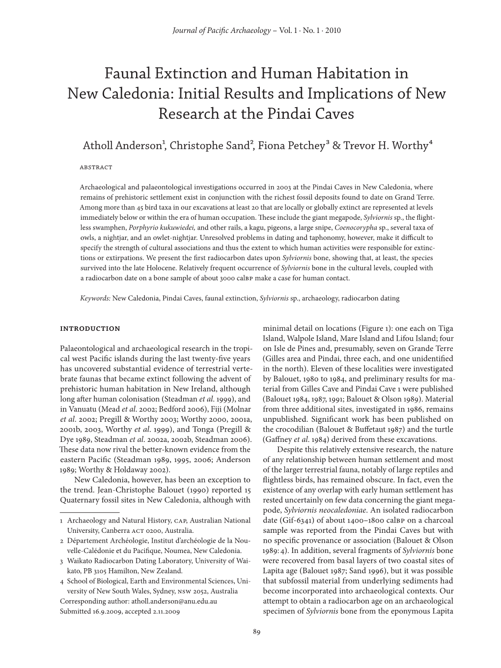 Faunal Extinction and Human Habitation in New Caledonia: Initial Results and Implications of New Research at the Pindai Caves