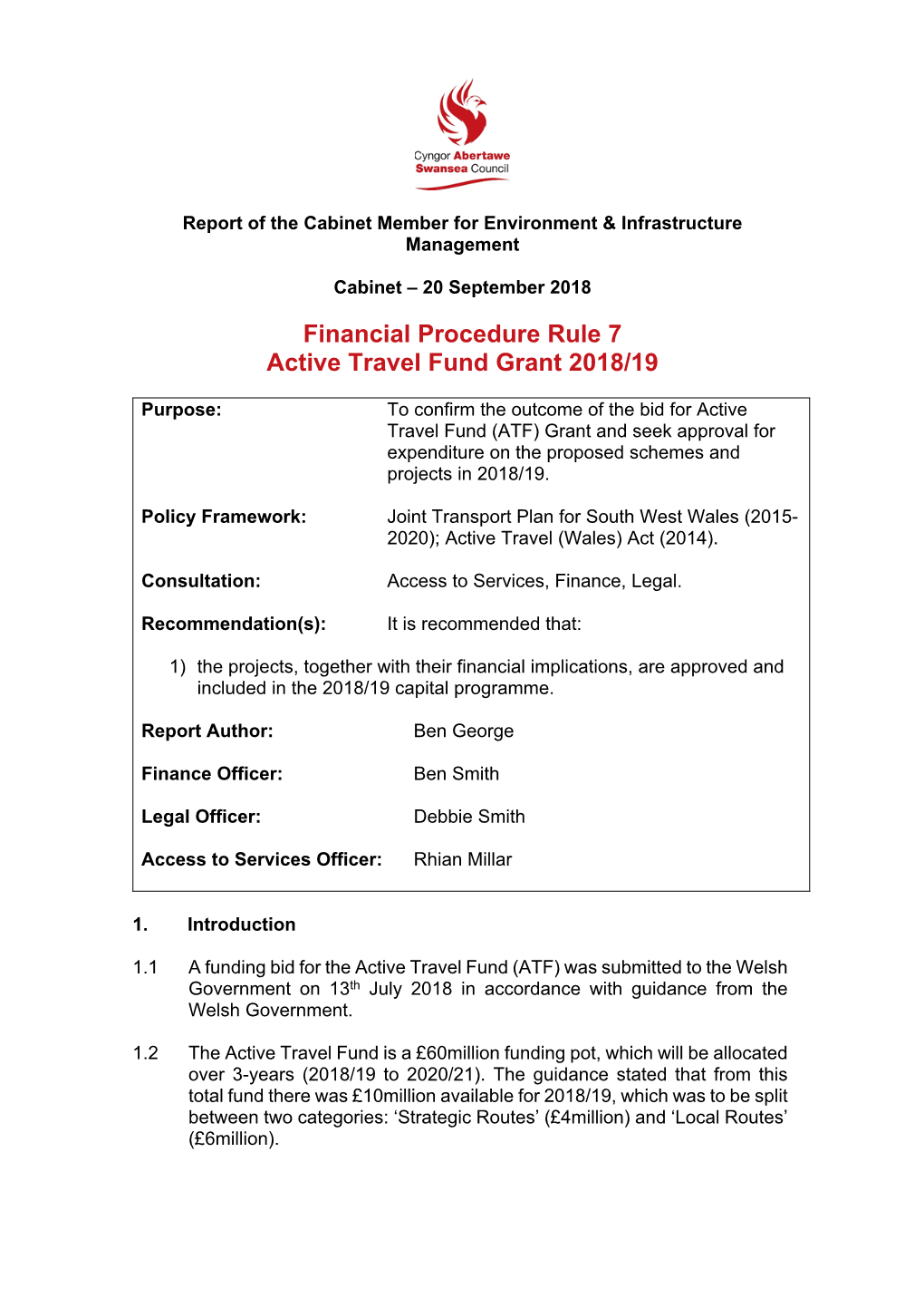 Report of the Cabinet Member for Environment & Infrastructure Management