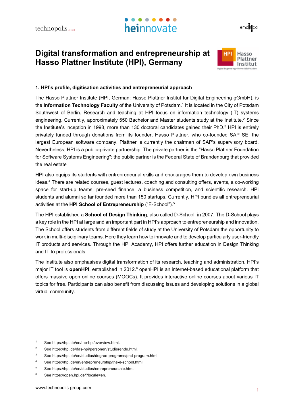 Digital Transformation and Entrepreneurship at Hasso Plattner Institute (HPI), Germany