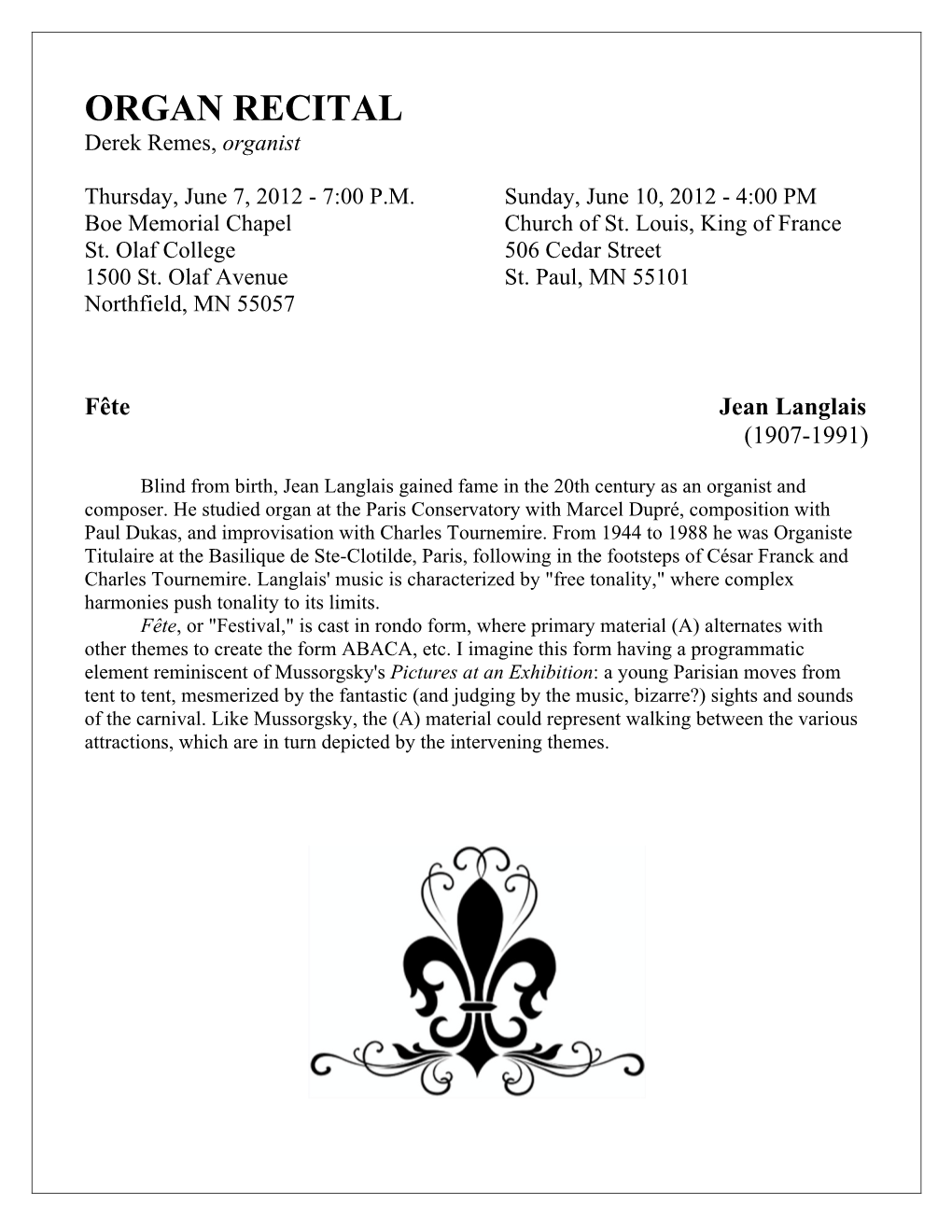 Organ Recital Program June 7, 10 2012