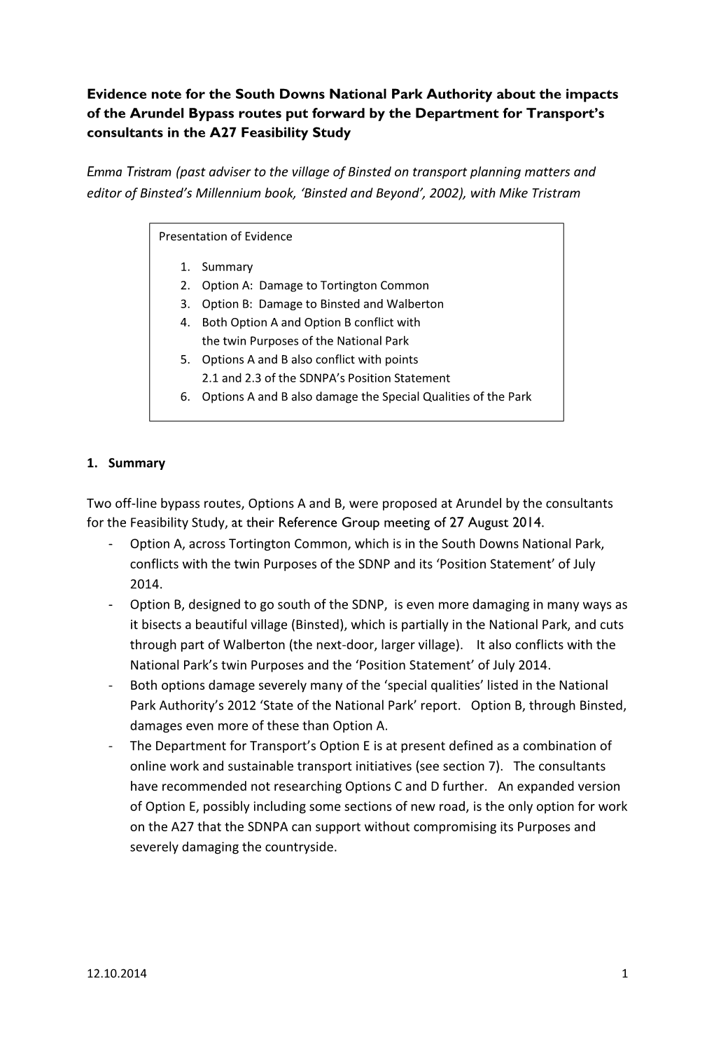 Evidence Note for the South Downs National Park Authority About The