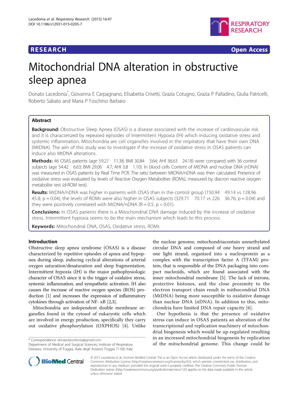 Mitochondrial DNA Alteration in Obstructive Sleep Apnea