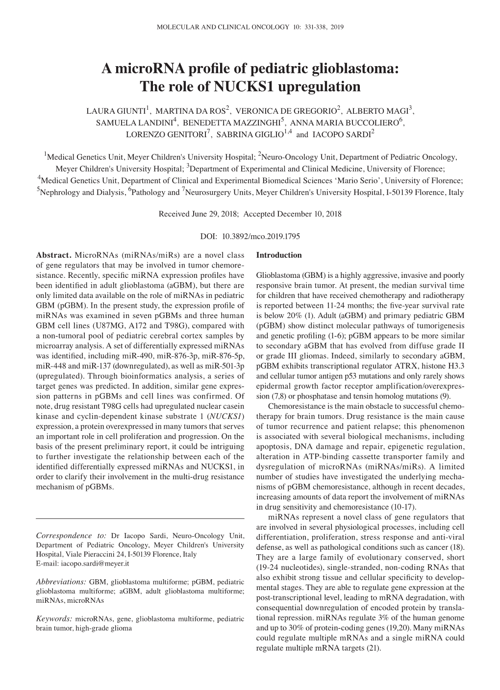 A Microrna Profile of Pediatric Glioblastoma: the Role of NUCKS1 Upregulation