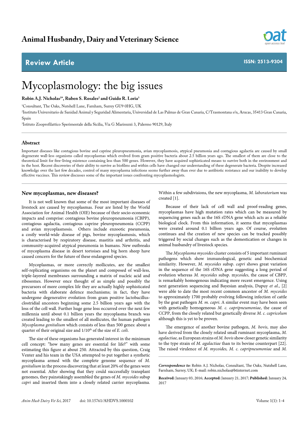 Mycoplasmology: the Big Issues Robin A.J