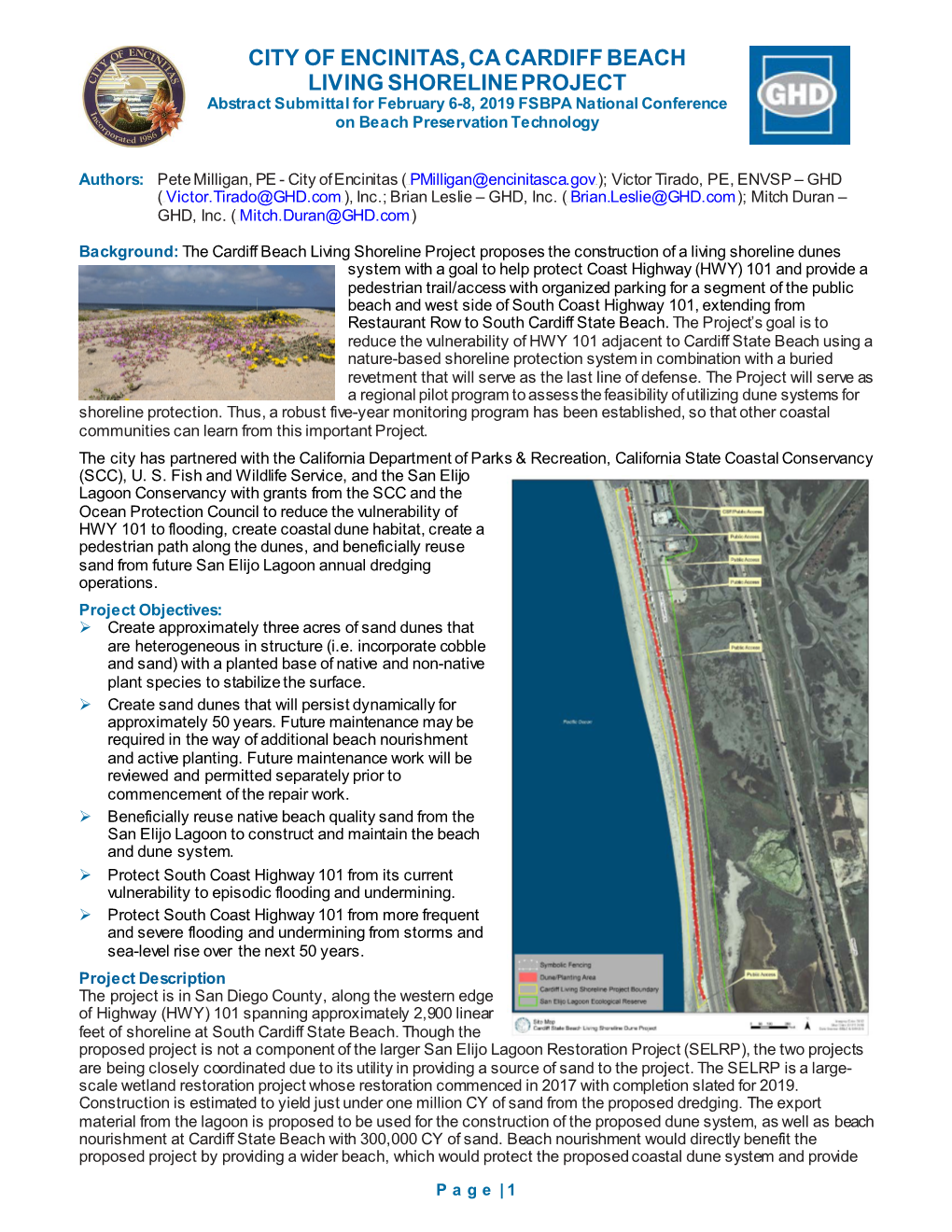 CITY of ENCINITAS, CA CARDIFF BEACH LIVING SHORELINE PROJECT Abstract Submittal for February 6-8, 2019 FSBPA National Conference on Beach Preservation Technology