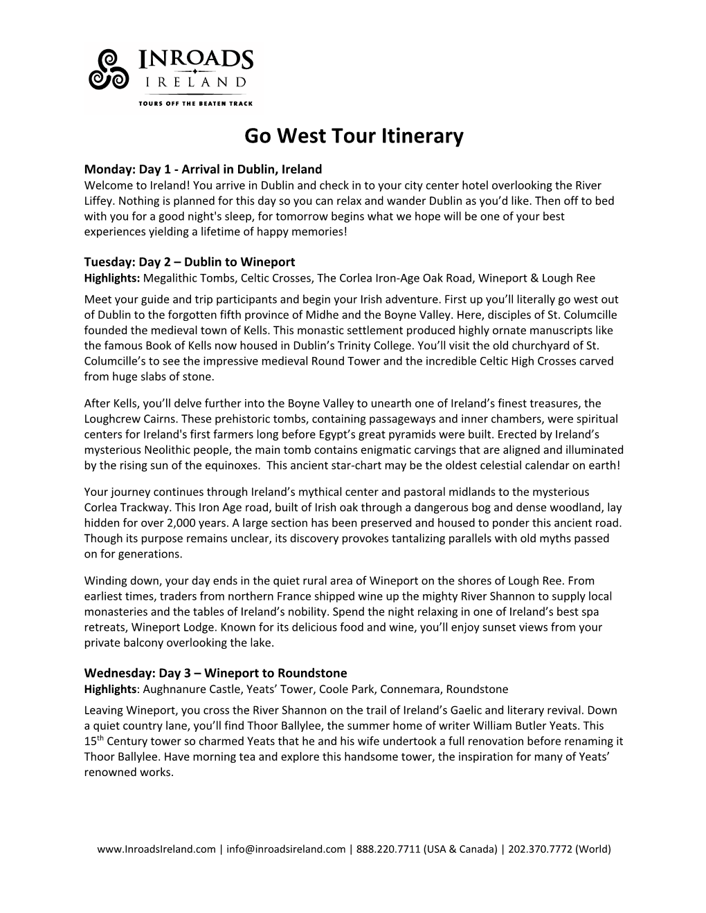 Go West Tour Itinerary