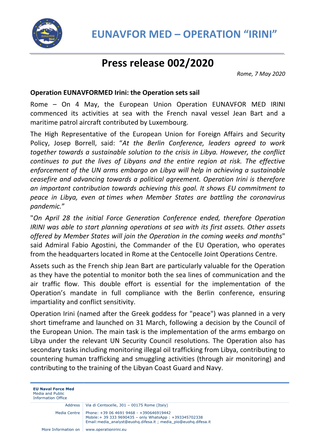 Press Release 002/2020 Rome, 7 May 2020