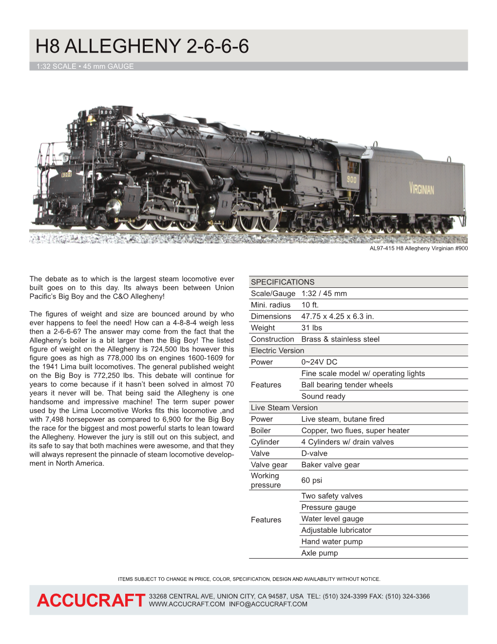 H8 ALLEGHENY 2-6-6-6 1:32 SCALE • 45 Mm GAUGE