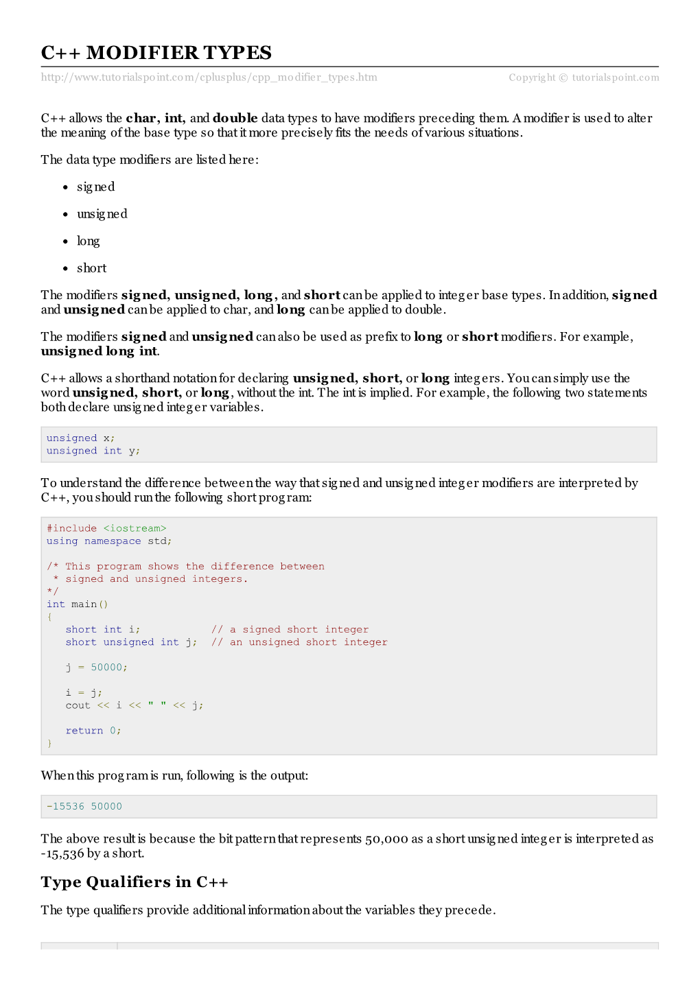 C++ MODIFIER TYPES Rialspo Int.Co M/Cplusplus/Cpp Mo Difier Types.Htm Copyrig Ht © Tutorialspoint.Com