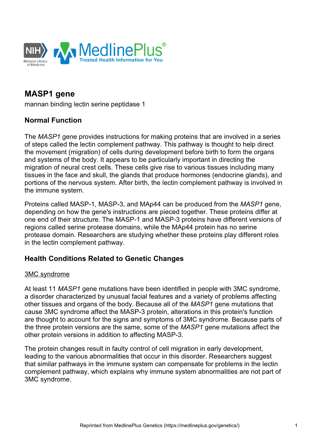 MASP1 Gene Mannan Binding Lectin Serine Peptidase 1