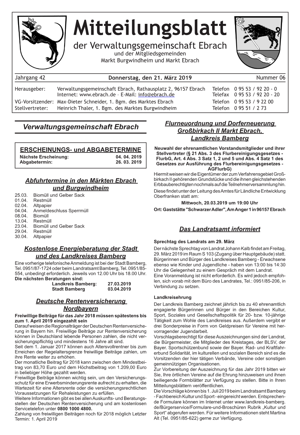 Mitteilungsblatt Der Verwaltungsgemeinschaft Ebrach Und Der Mitgliedsgemeinden Markt Burgwindheim Und Markt Ebrach