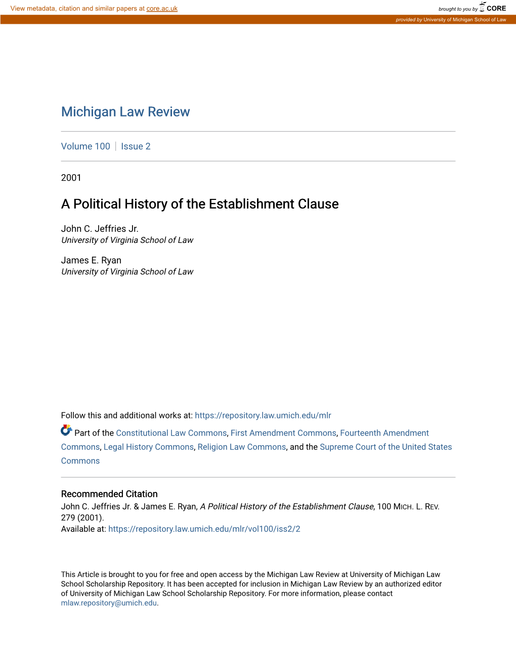 A Political History of the Establishment Clause