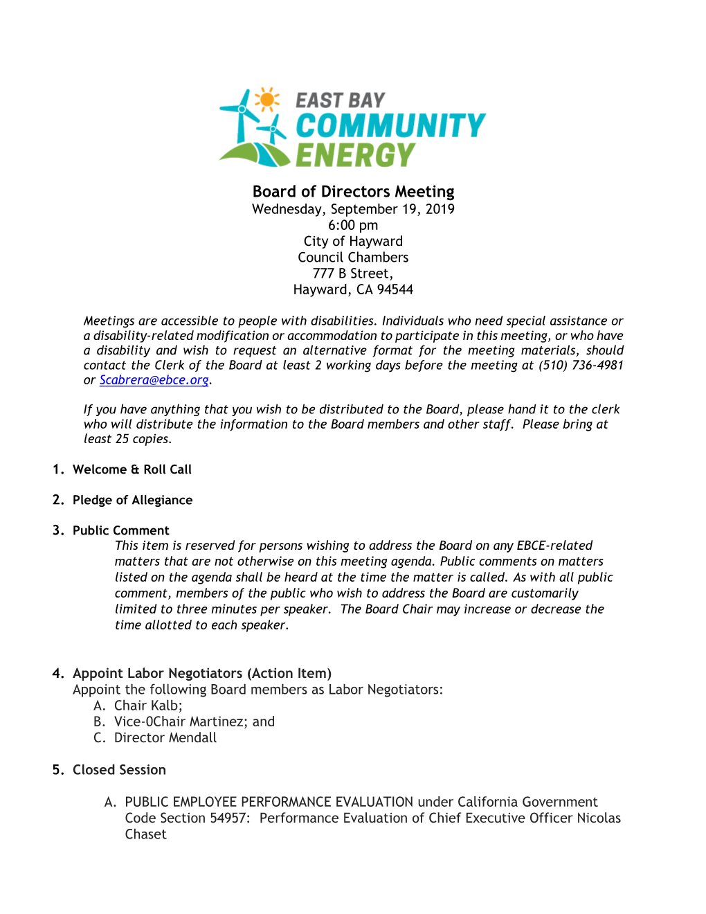 Board of Directors Meeting Wednesday, September 19, 2019 6:00 Pm City of Hayward Council Chambers 777 B Street, Hayward, CA 94544