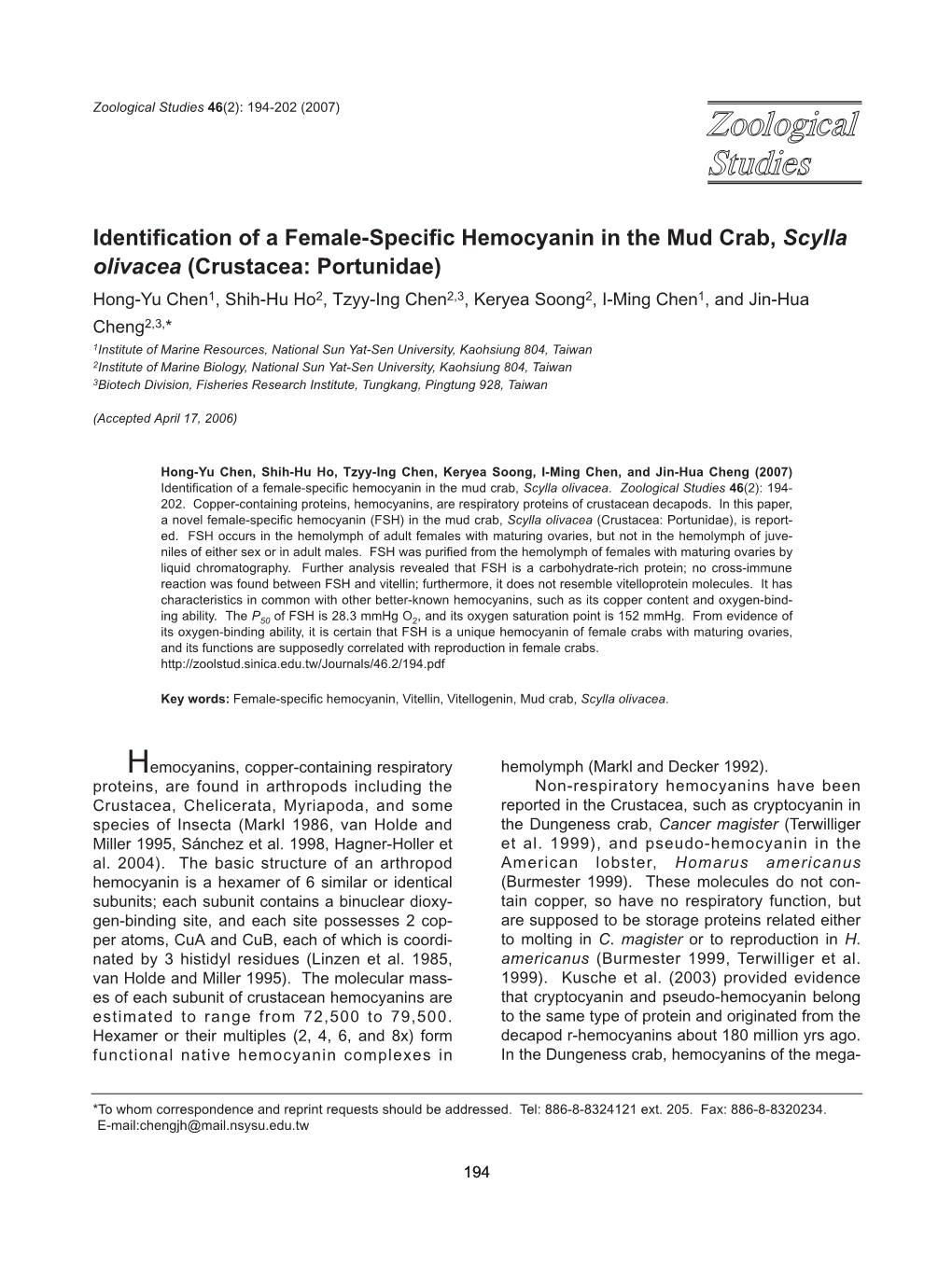 Identification of a Female-Specific Hemocyanin In