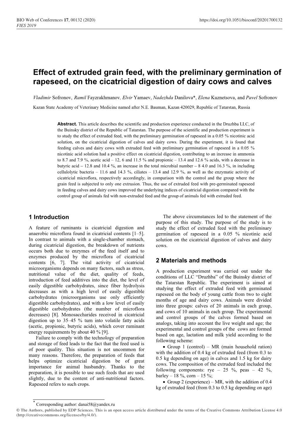 Effect of Extruded Grain Feed, with the Preliminary Germination of Rapeseed, on the Cicatricial Digestion of Dairy Cows and Calves