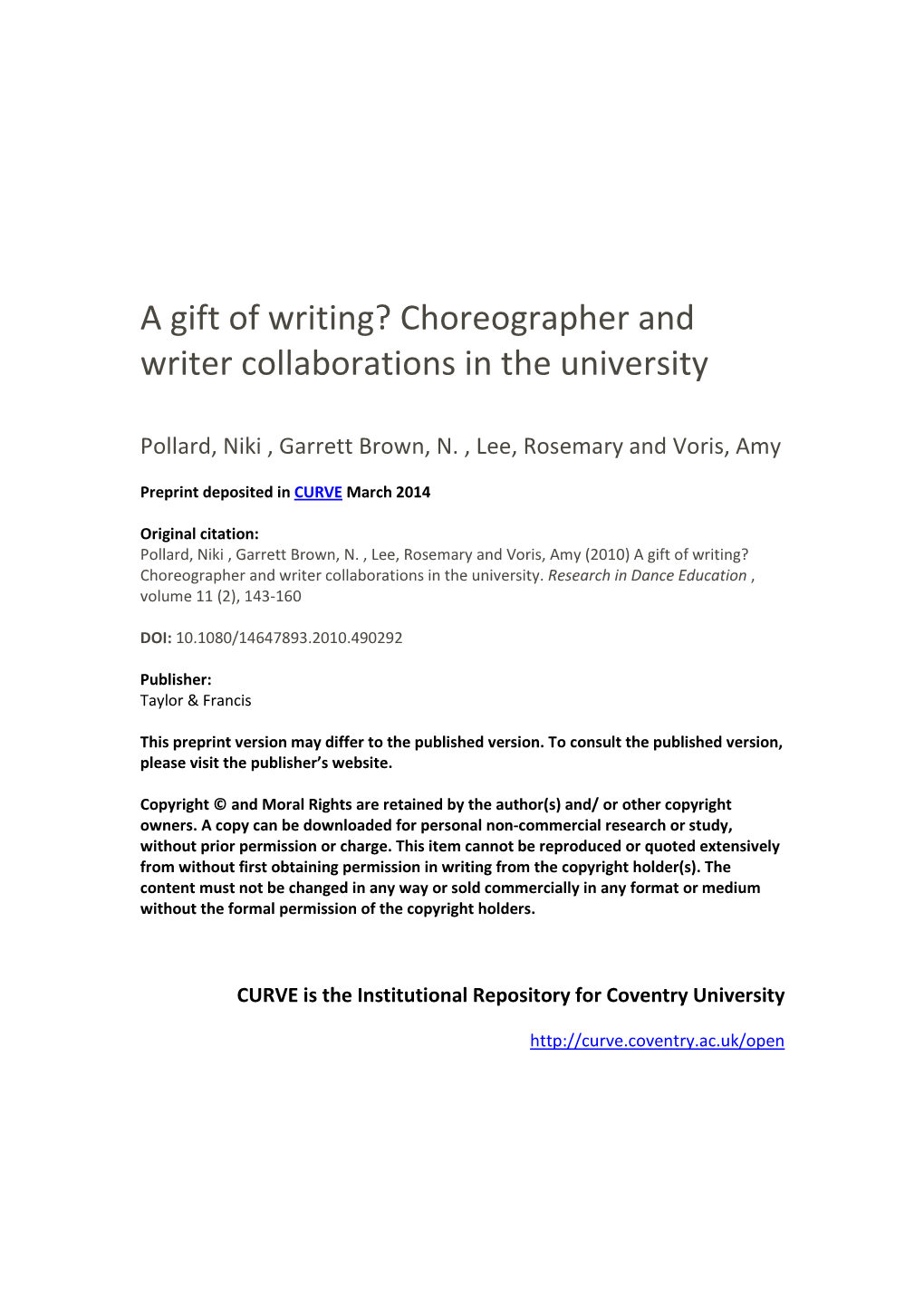 A Gift of Writing? Choreographer and Writer Collaborations in the University