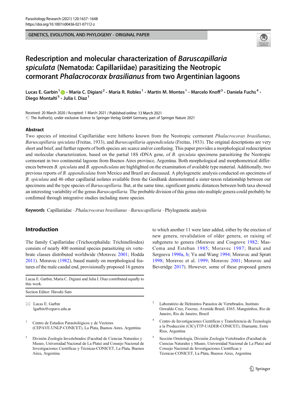 (Nematoda: Capillariidae) Parasitizing the Neotropic Cormorant Phalacrocorax Brasilianus from Two Argentinian Lagoons