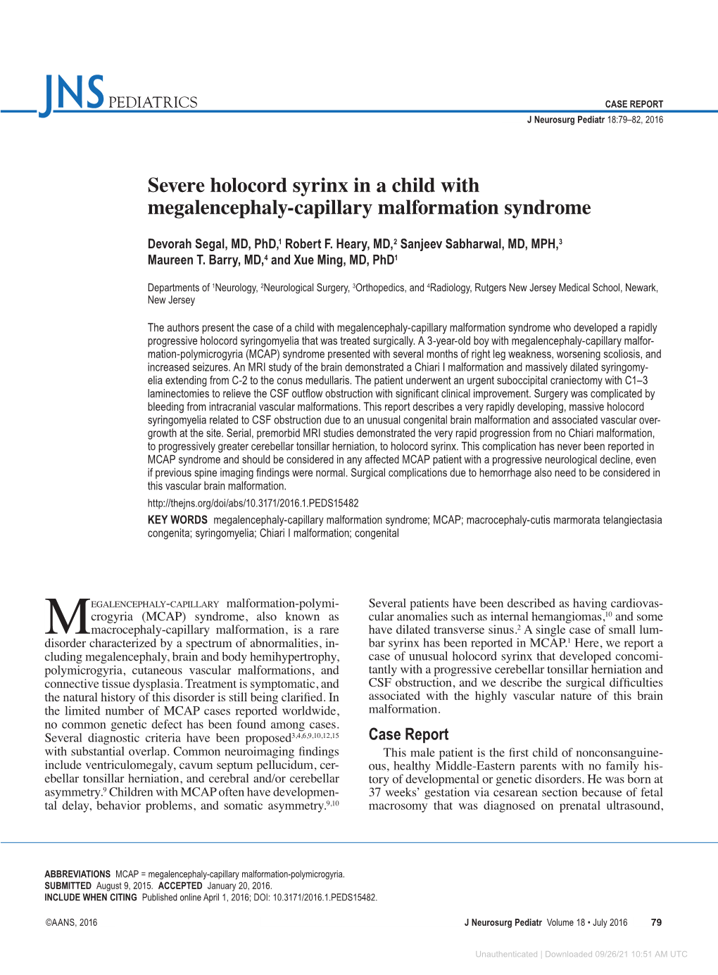 Severe Holocord Syrinx in a Child with Megalencephaly-Capillary Malformation Syndrome