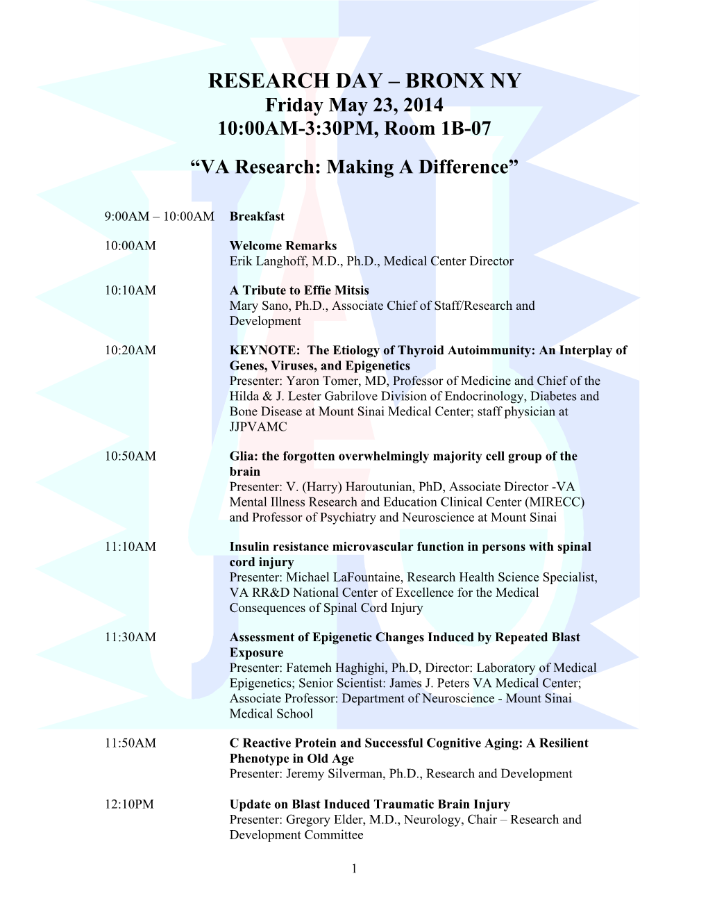 Bronx VAMC 2014 Research Week Agenda