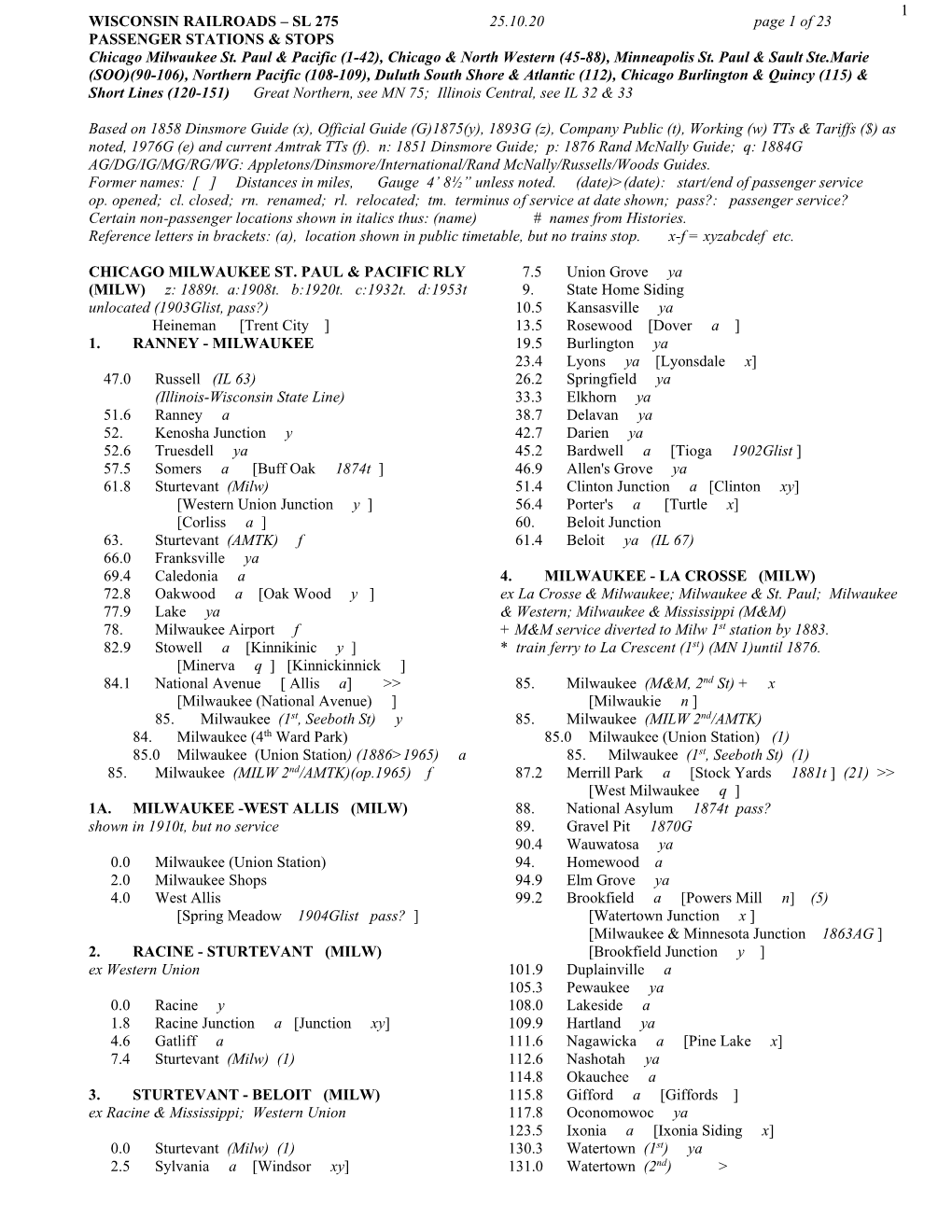 1 WISCONSIN RAILROADS – SL 275 25.10.20 Page 1 of 23 PASSENGER STATIONS & STOPS Chicago Milwaukee St