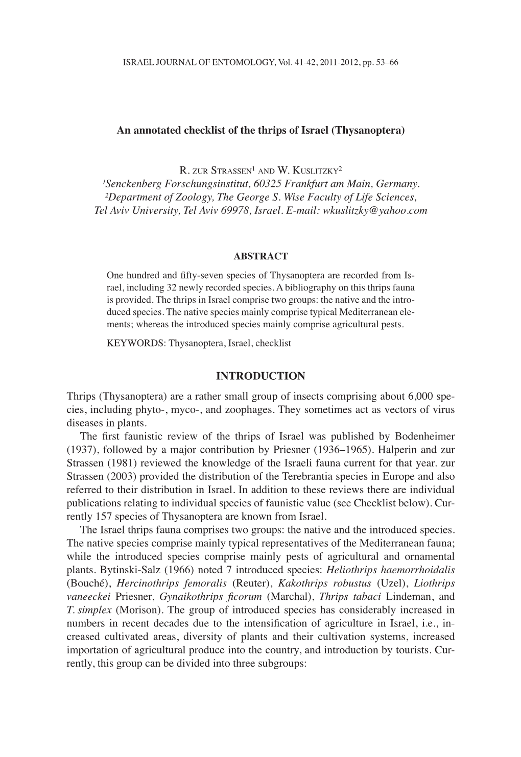 An Annotated Checklist of the Thrips of Israel (Thysanoptera)