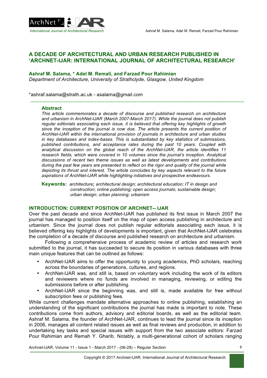 A Decade of Architectural and Urban Research Published in ‘Archnet-Ijar: International Journal of Architectural Research’