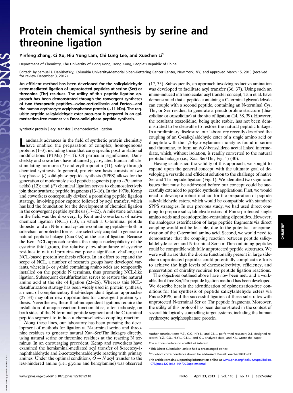 Protein Chemical Synthesis by Serine and Threonine Ligation