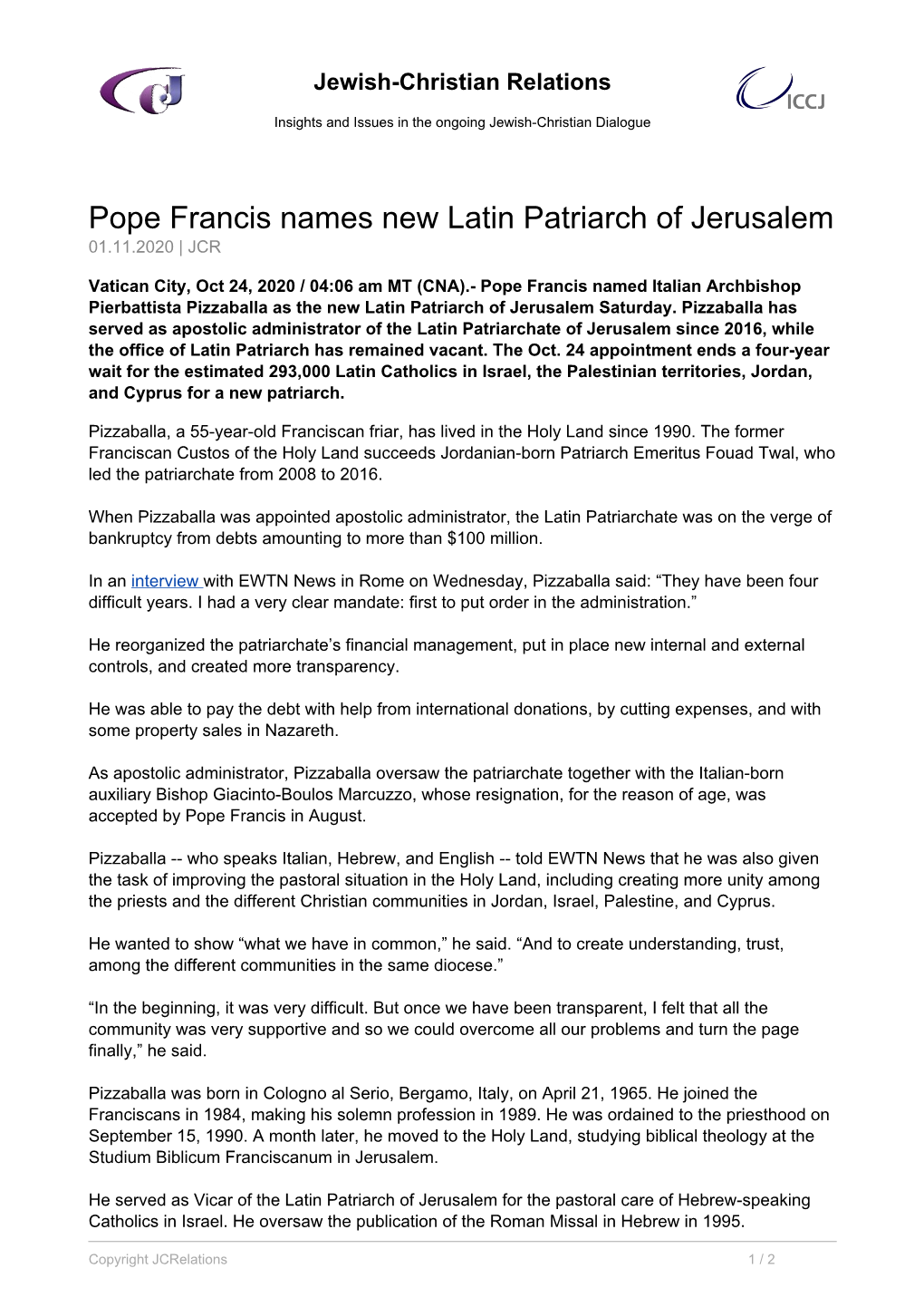 Pope Francis Names New Latin Patriarch of Jerusalem 01.11.2020 | JCR