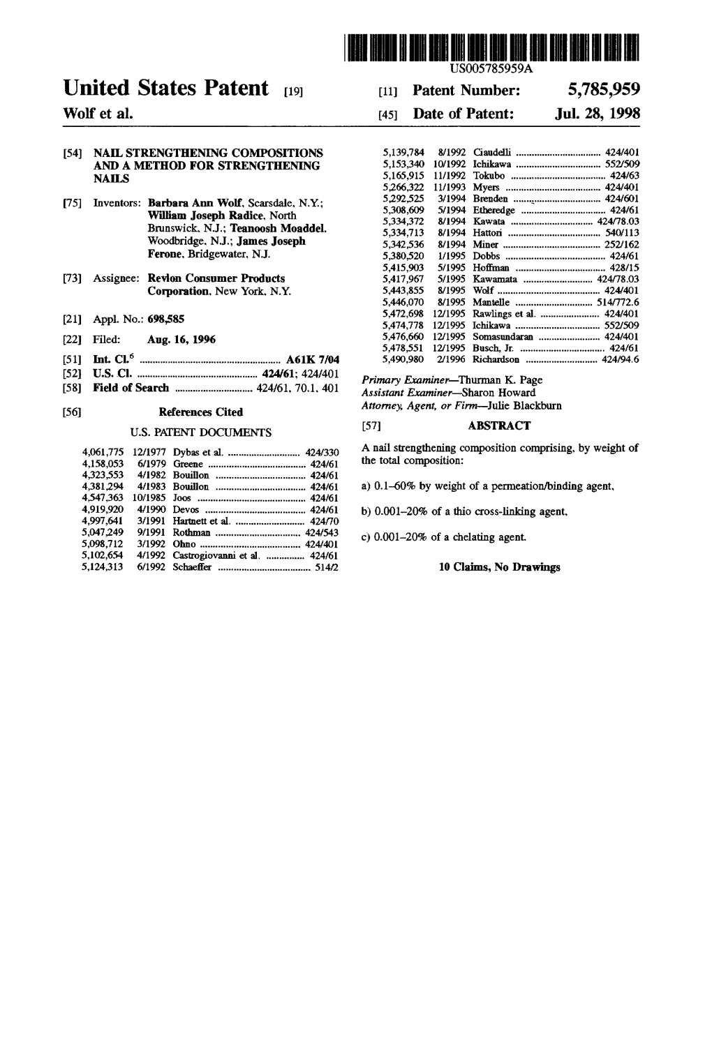 United States Patent (19) 11 Patent Number: 5,785,959 Wolf Et Al