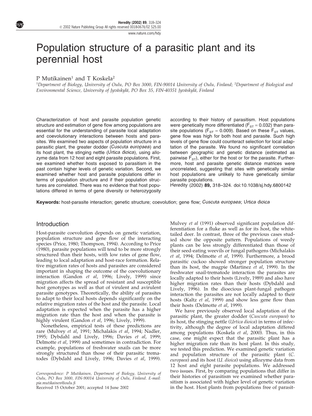 Population Structure of a Parasitic Plant and Its Perennial Host