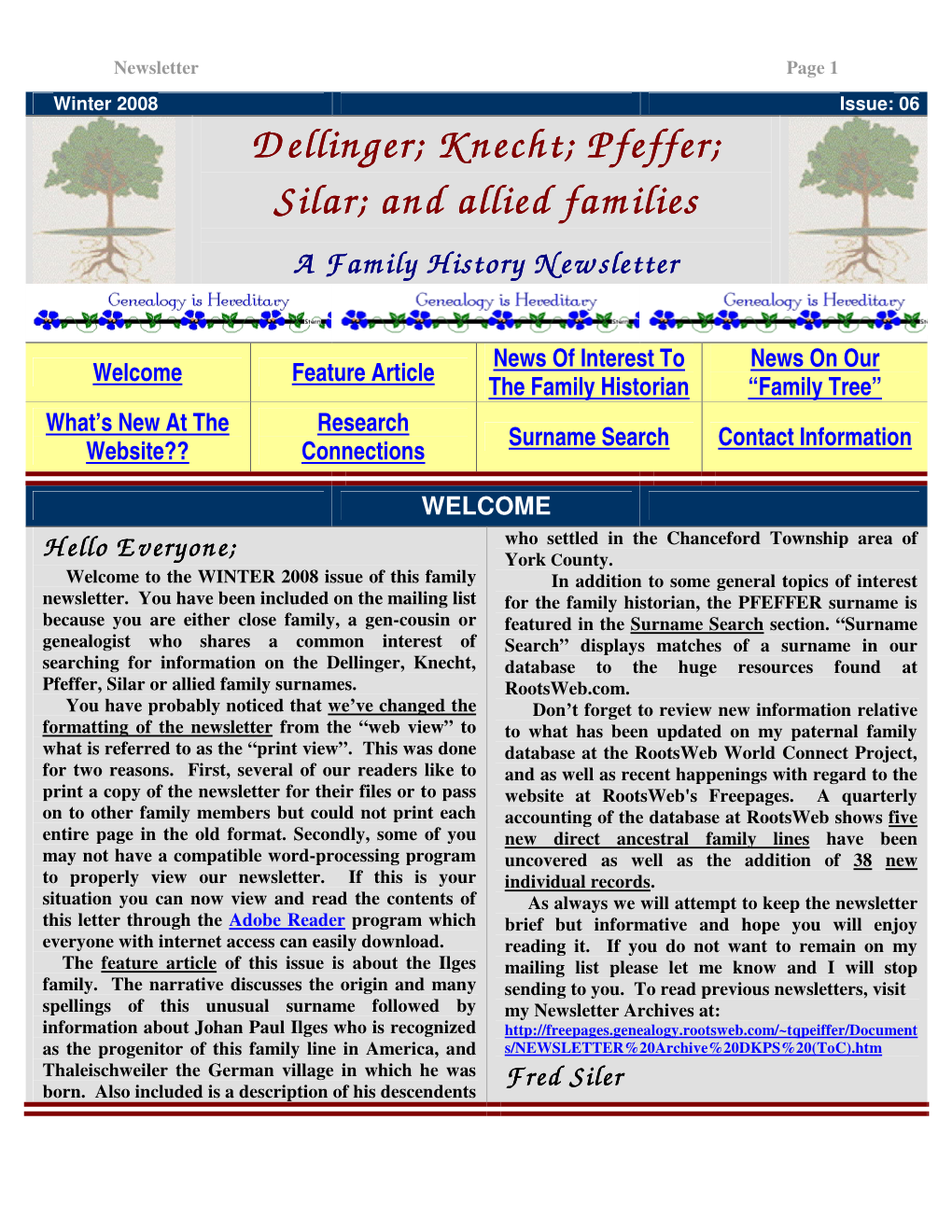 Winter 2008 Issue: 06 Dellinger; Knecht; Pfeffer; Silar; and Allied Families