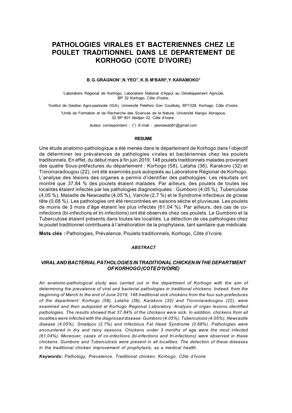 Pathologies Virales Et Bacteriennes Chez Le Poulet Traditionnel Dans Le Departement De Korhogo (Cote D’Ivoire)