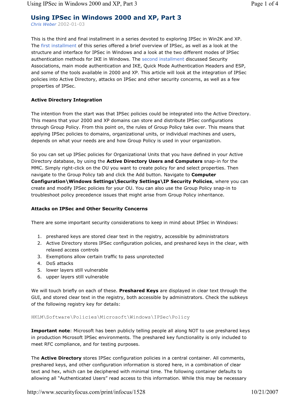 Using Ipsec in Windows 2000 and XP, Part 3 Page 1 of 4 Using Ipsec In