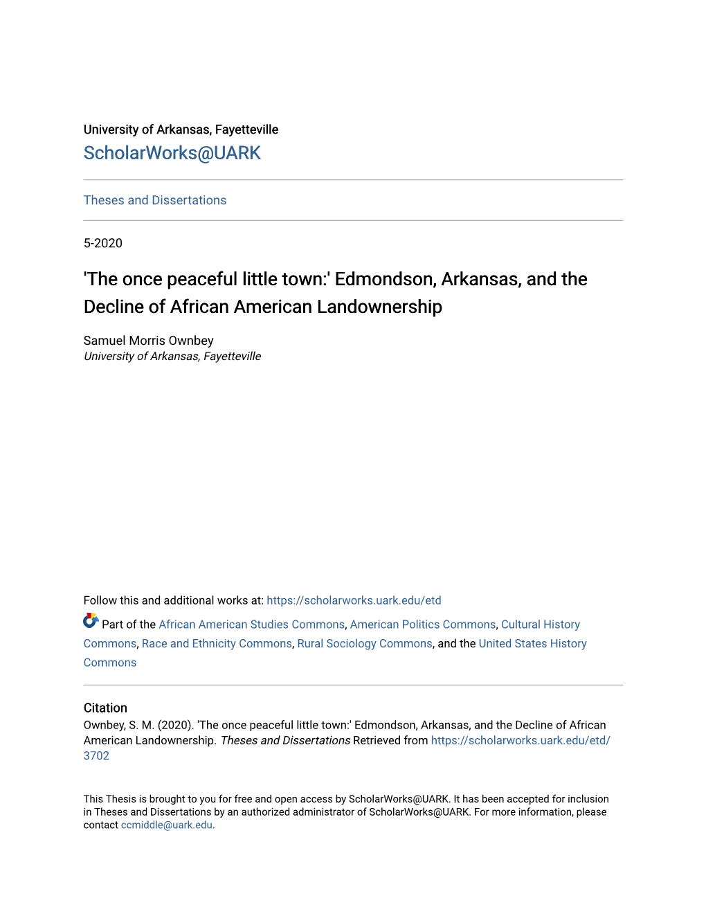 Edmondson, Arkansas, and the Decline of African American Landownership