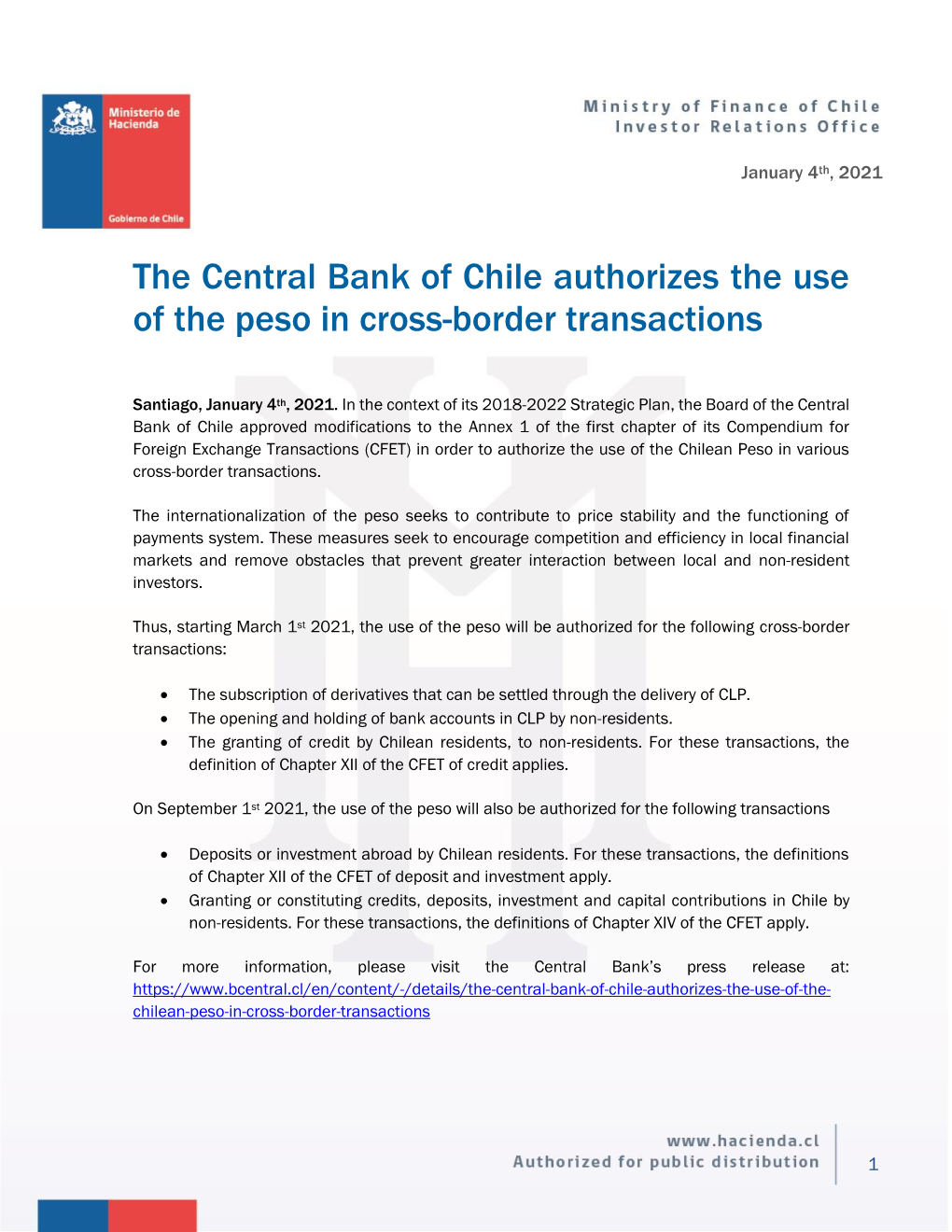 The Central Bank of Chile Authorizes the Use of the Peso in Cross-Border Transactions