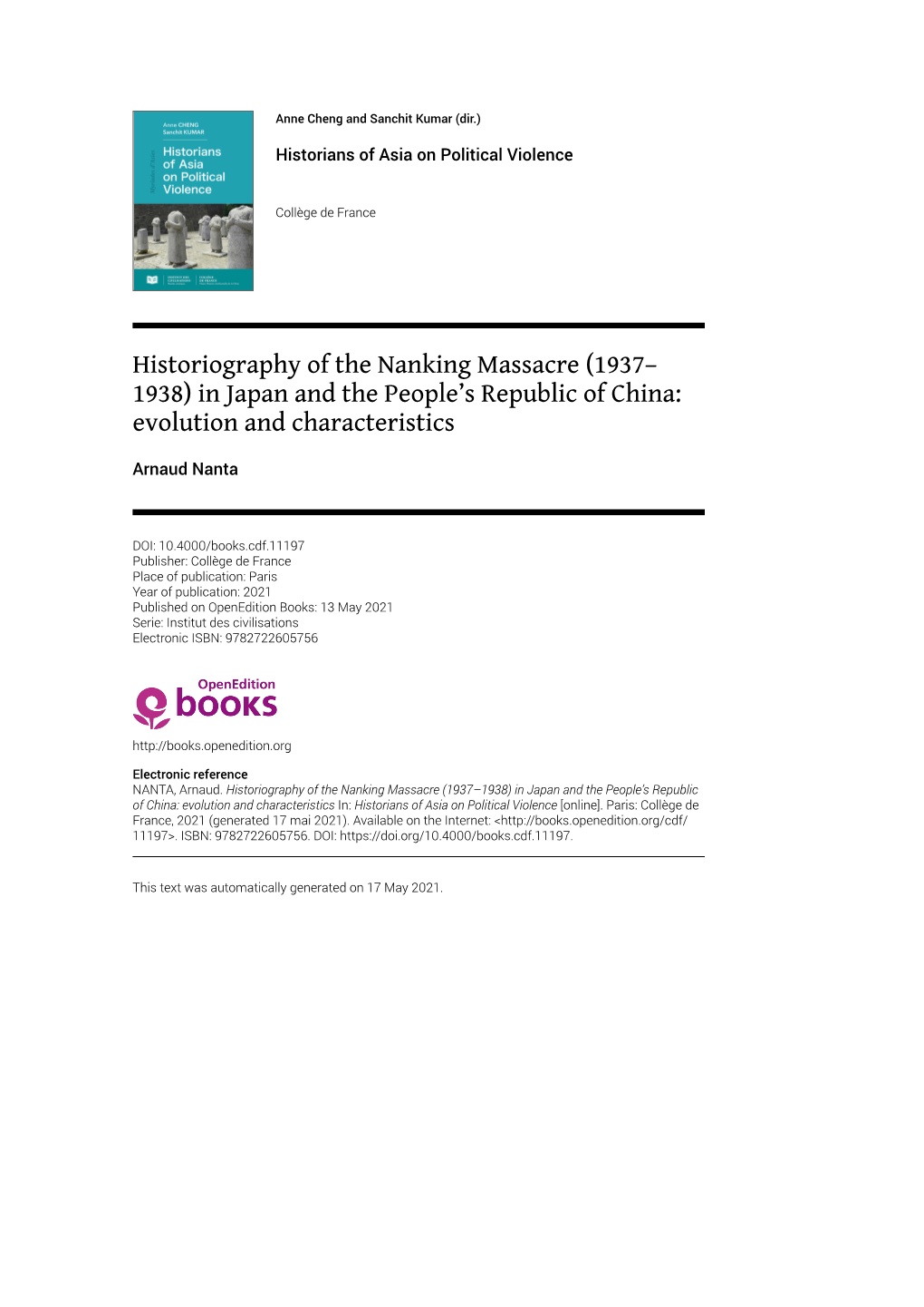 Historiography of the Nanking Massacre (1937– 1938) in Japan and the People’S Republic of China: Evolution and Characteristics