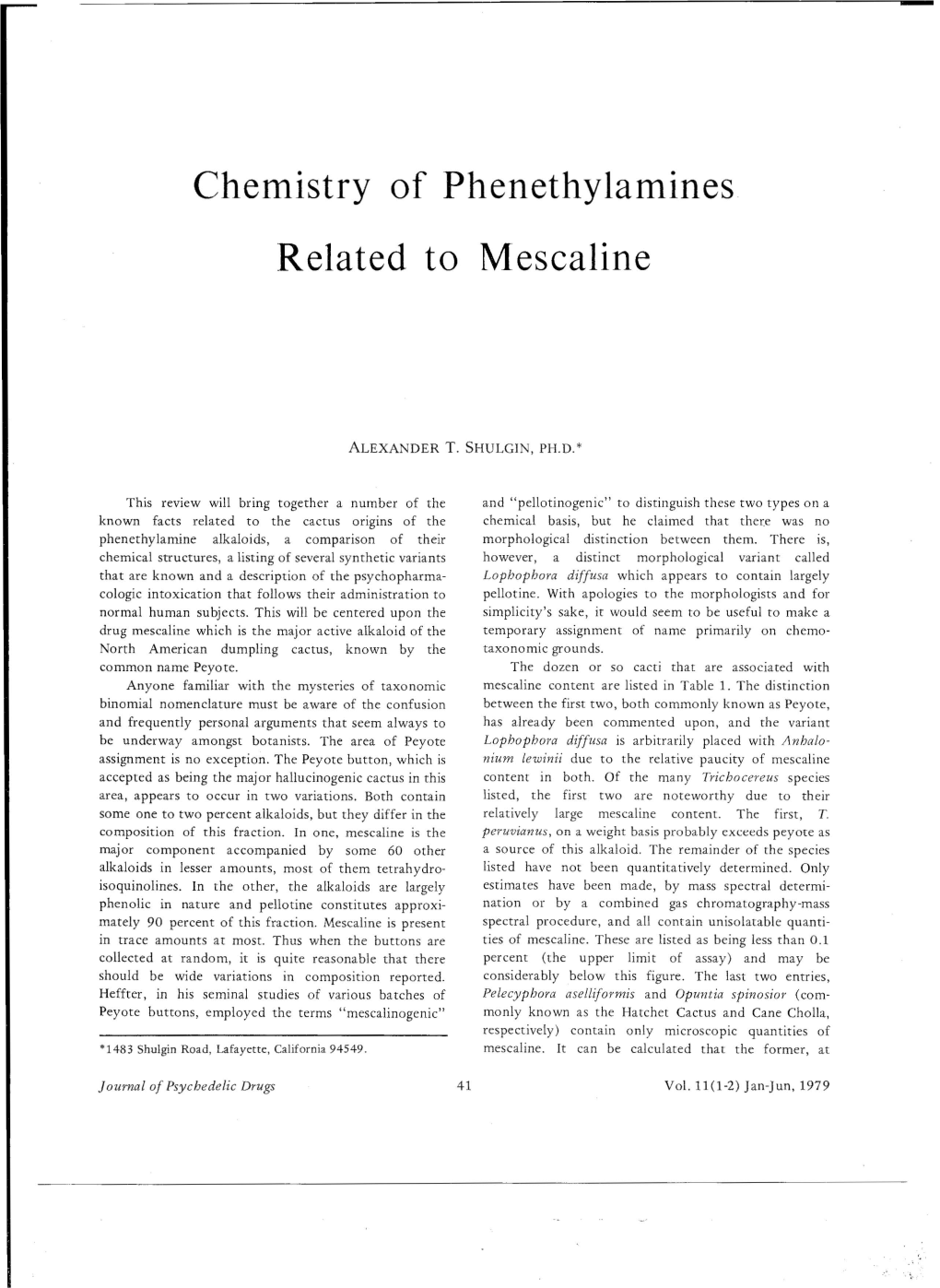 Chemistry of Phenethylamines Related to Mescaline