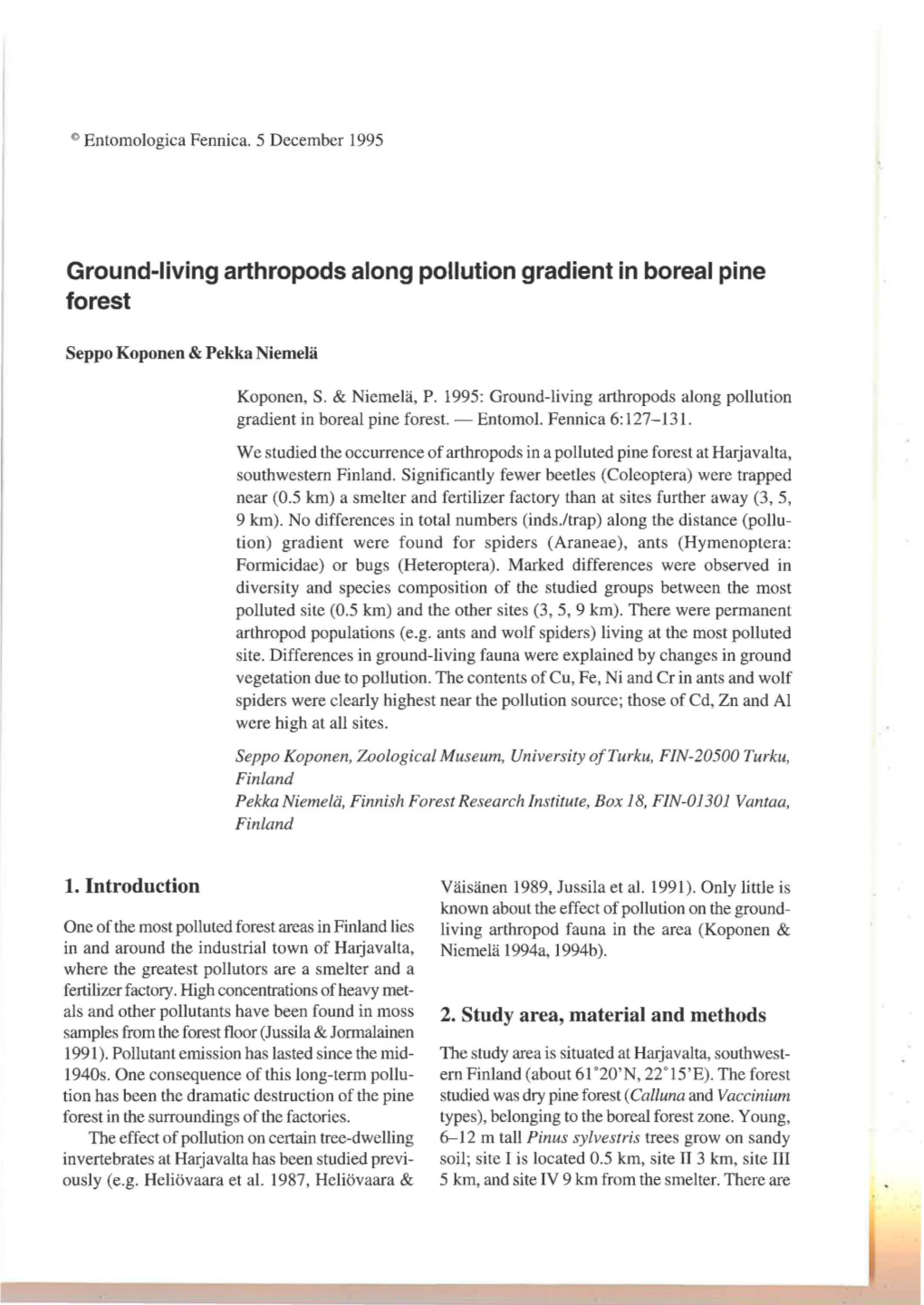 Ground-Living Arthropods Along Pollution Gradient in Boreal Pine Forest