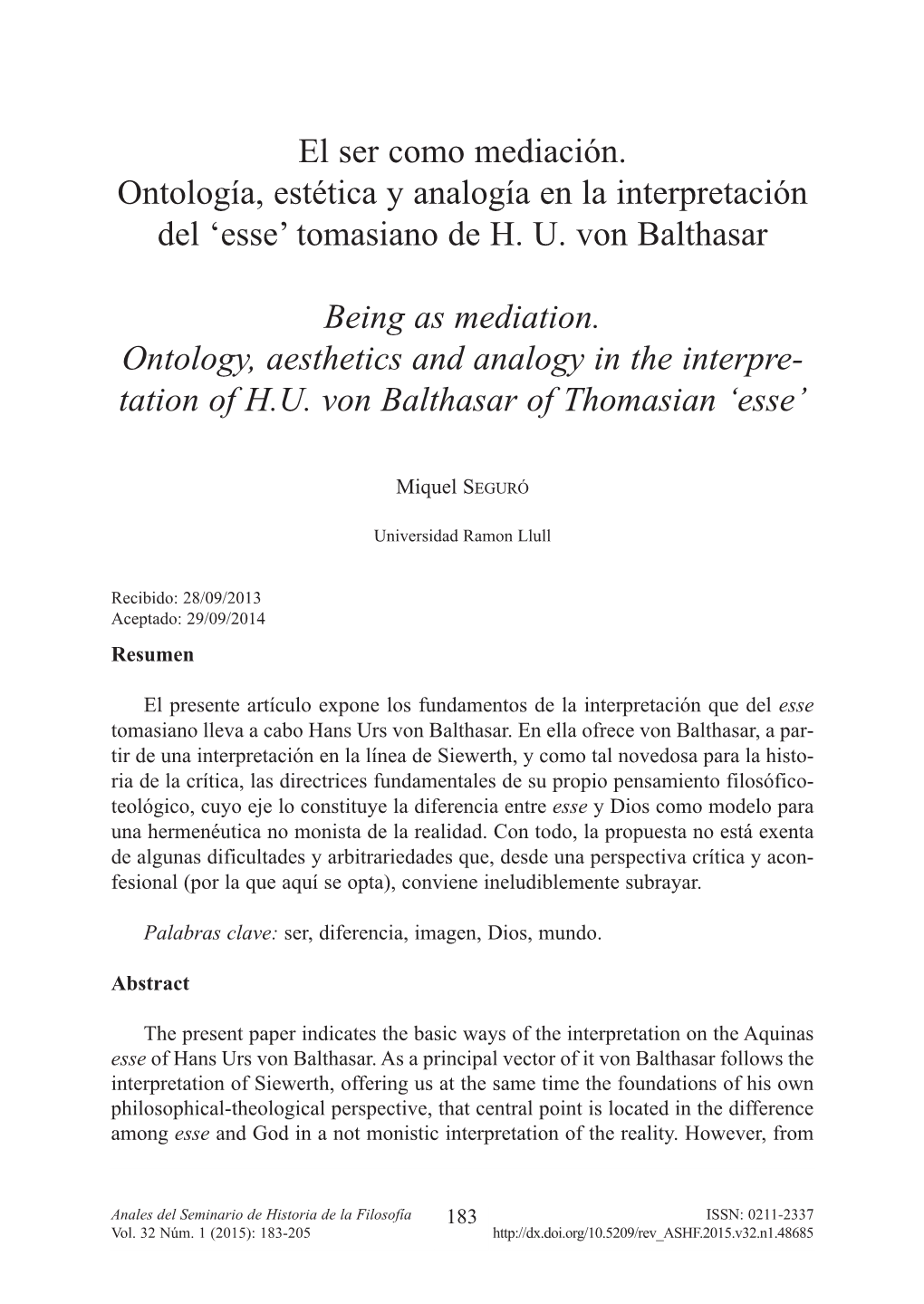 'Esse' Tomasiano De HU Von Balthasar