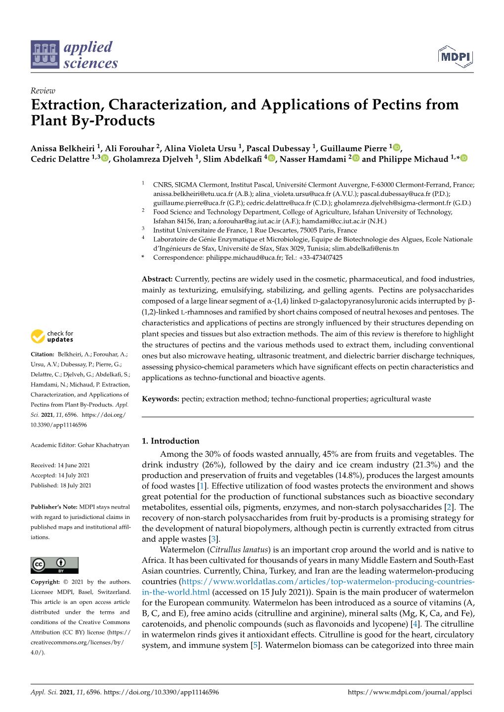 Extraction, Characterization, and Applications of Pectins from Plant By-Products