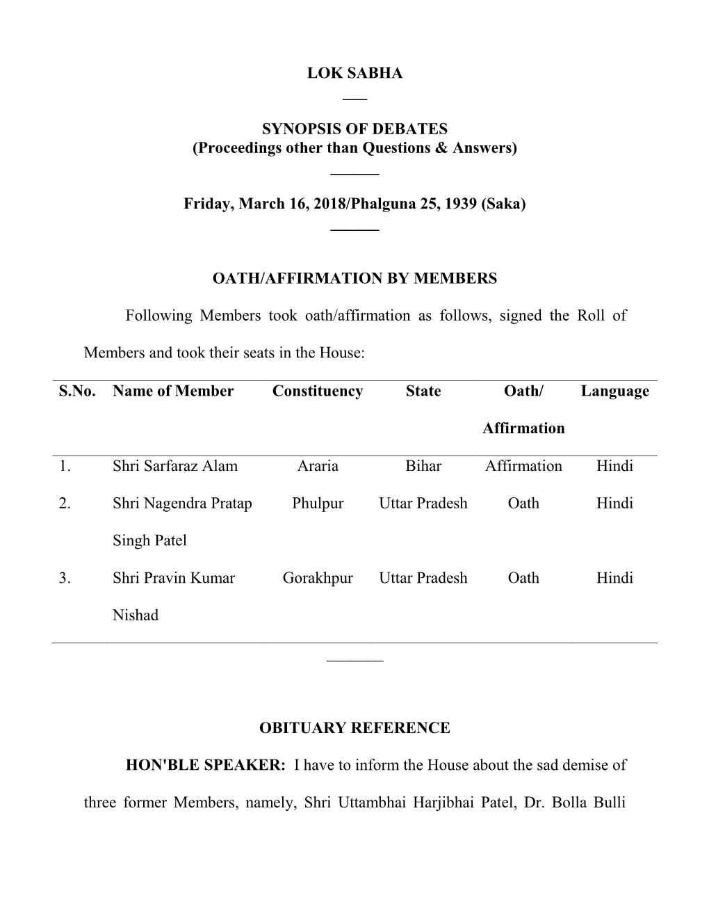 LOK SABHA ___ SYNOPSIS of DEBATES (Proceedings Other Than Questions & Answers) ___Friday, March 16, 2018/Phalguna