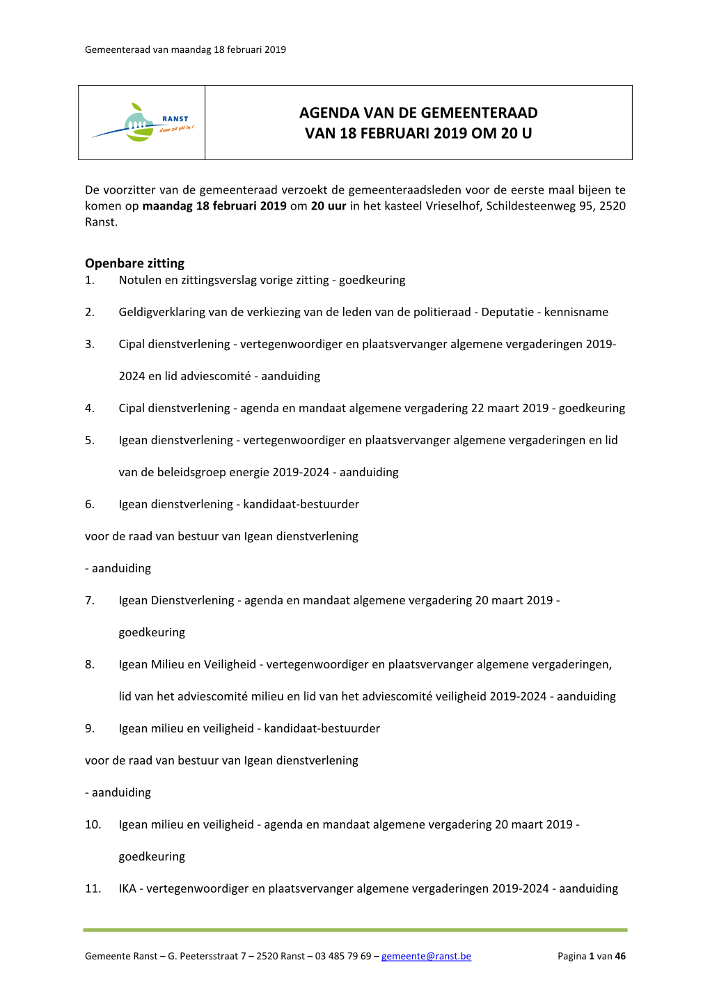 Agenda Van De Gemeenteraad Van 18 Februari 2019 Om 20 U